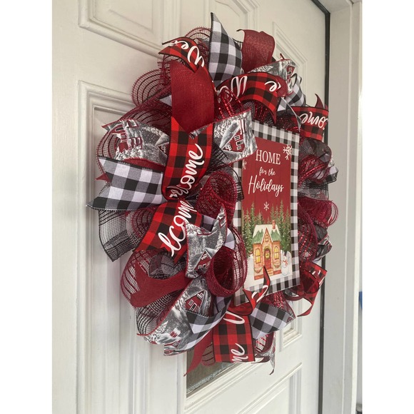 Buffalo Plaid Check Welcome Home for the Holidays Mesh Ribbon Christmas Wreath - Picture 5 of 6